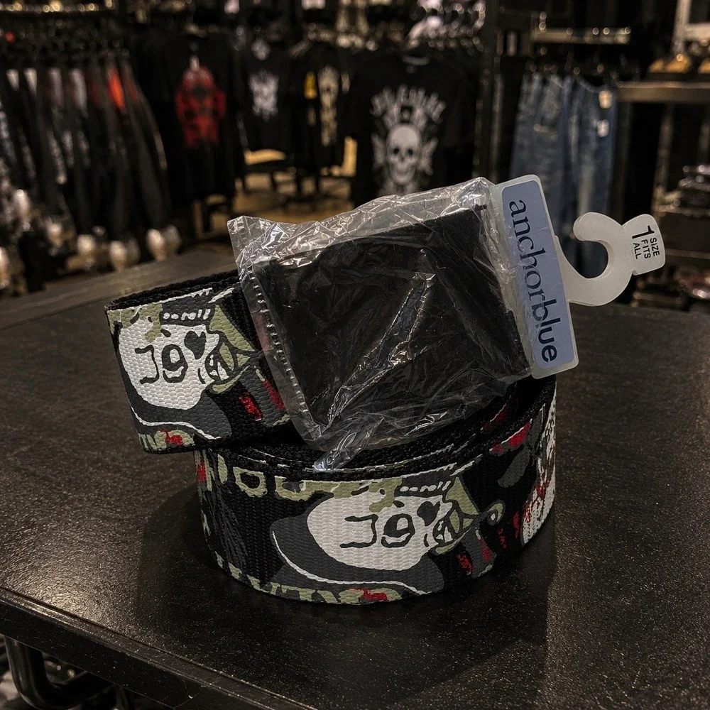 NEW Y2K Anchor Blue Nylon Belt Adjustable Grunge Skull Roses Dark Romantic